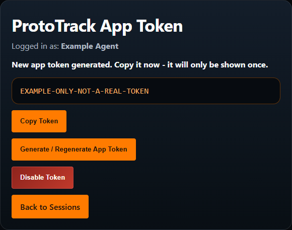 Current App Token page using a dummy Example Agent account and a clearly invalid example token.