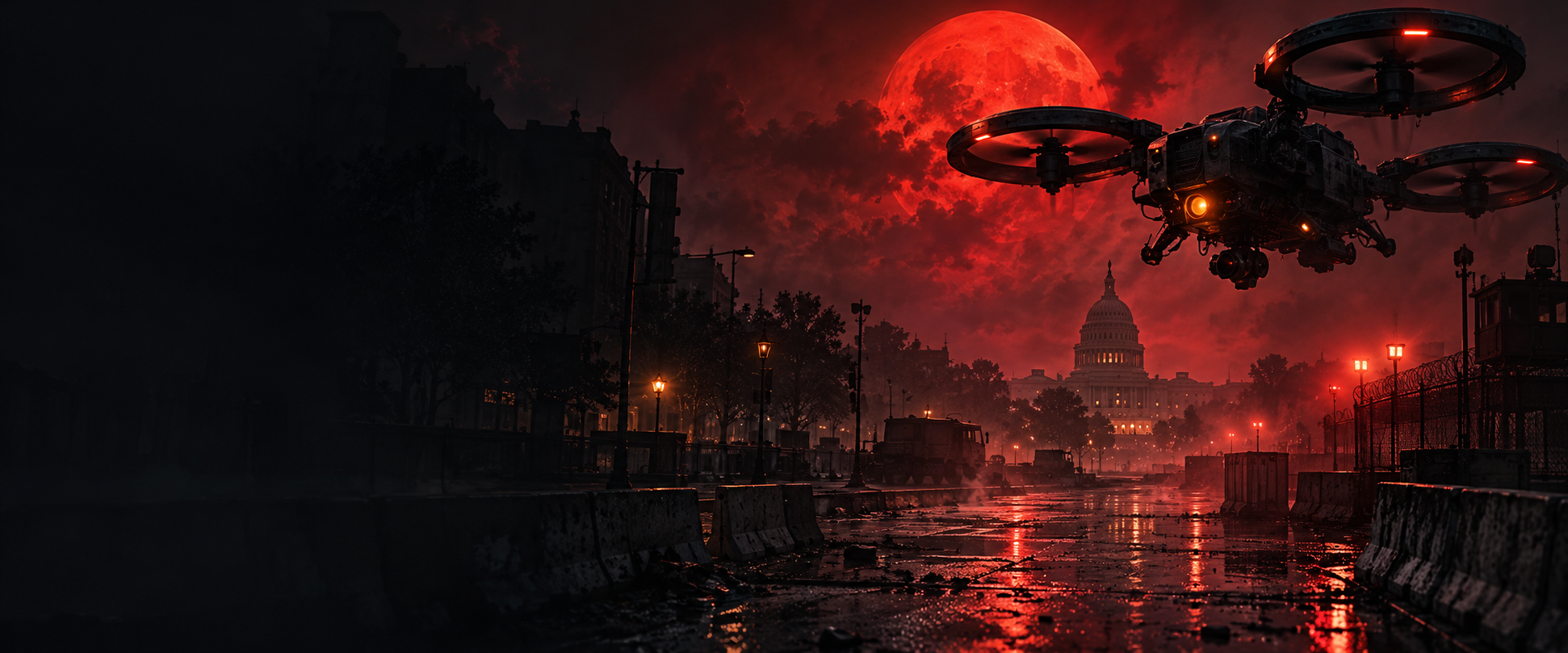 Concept artwork of a military drone above an abandoned street under a red moon