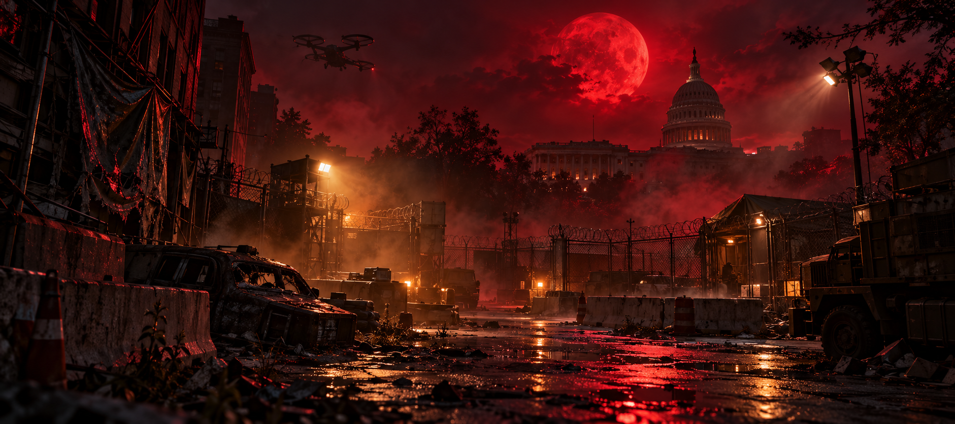 Generated concept artwork of a deserted Dark Zone landmark beneath a red moon